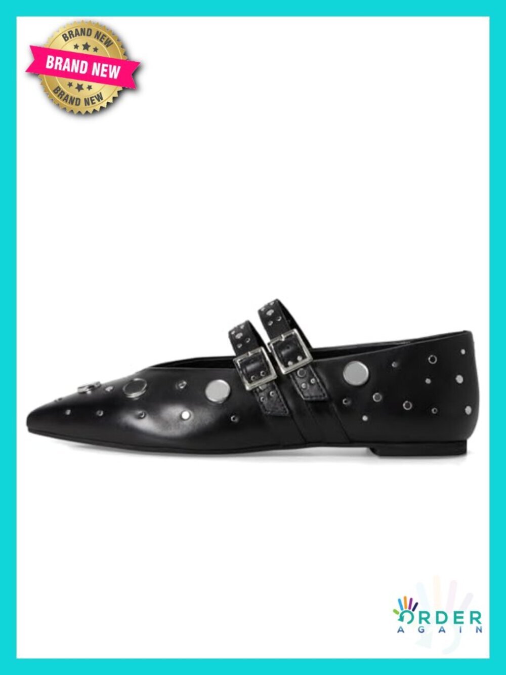 Mirror Embellished Pointed Toe Ballet Flats w/ Buckle Strap - Picture 3 of 6